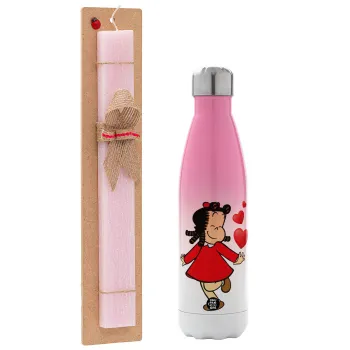 La petite Lulu, Easter Set, Metallic pink/white (Stainless steel) thermos, double-walled, 500ml & aromatic flat Easter candle (30cm) (PINK)