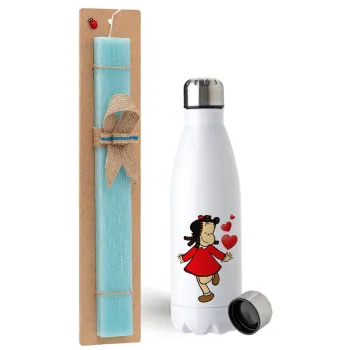 La petite Lulu, Easter Set, metallic stainless steel water bottle (750ml) & aromatic flat Easter candle (30cm) (TURQUOISE)