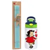 Easter Set, Children's thermal stainless steel bottle with safety straw, green/blue (350ml) & aromatic flat Easter candle (30cm) (TURQUOISE)