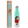 Easter Set, Metallic green/white thermos (Stainless steel), double-walled, 500ml & scented flat Easter candle (30cm) (TURQUOISE)