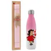 Easter Set, Metallic pink/white (Stainless steel) thermos, double-walled, 500ml & aromatic flat Easter candle (30cm) (PINK)