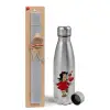 Easter Set, metallic Inox water bottle (750ml) & aromatic flat Easter candle (30cm) (GRAY)