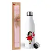 Easter Set, metallic stainless steel water bottle (750ml) & scented flat Easter candle (30cm) (PINK)