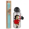 Easter Set, metallic silver aluminum water bottle (500ml) & scented flat Easter candle (30cm) (TURQUOISE)