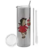 Tumbler ποτήρι θερμό Ασημένιο από ανοξείδωτο ατσάλι 600ml, με μεταλλικό καλαμάκι & βούρτσα καθαρισμού