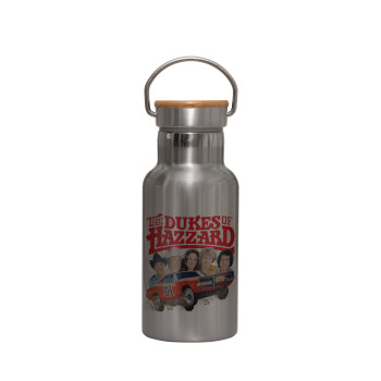 The Dukes of Hazzard, Stainless steel metallic thermos flask, silver with a bamboo lid, double-walled, 350ml.