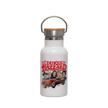 The Dukes of Hazzard, Μεταλλικό παγούρι θερμός (Stainless steel) Λευκό με ξύλινο καπακι (bamboo), διπλού τοιχώματος, 350ml