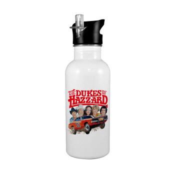 The Dukes of Hazzard, White water bottle with straw, stainless steel 600ml