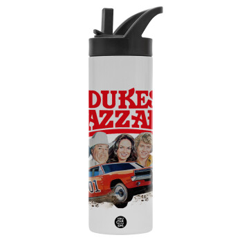The Dukes of Hazzard, Metallic thermos bottle with straw & handle, stainless steel (Stainless steel 304), double-walled, 600ml.
