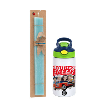 The Dukes of Hazzard, Easter Set, Children's thermal stainless steel bottle with safety straw, green/blue (350ml) & aromatic flat Easter candle (30cm) (TURQUOISE)
