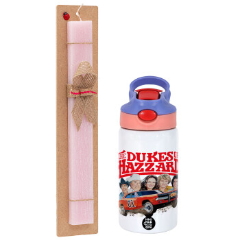 The Dukes of Hazzard, Easter Set, Children's thermal stainless steel water bottle with safety straw, pink/purple (350ml) & Easter scented flat candle (30cm) (PINK)