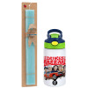 Easter Set, Children's thermal stainless steel bottle with safety straw, green/blue (350ml) & aromatic flat Easter candle (30cm) (TURQUOISE)