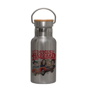 The Dukes of Hazzard, Stainless steel metallic thermos flask, silver with a bamboo lid, double-walled, 350ml.