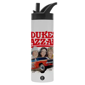 The Dukes of Hazzard, Μεταλλικό παγούρι θερμός με καλαμάκι & χειρολαβή, ανοξείδωτο ατσάλι (Stainless steel 304), διπλού τοιχώματος, 600ml