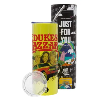 The Dukes of Hazzard, Neon Yellow Travel Tumbler θερμό, μεταλλικό καλαμάκι(Ανωξείδωτο 304 Food grade, BPA free, 600ml)