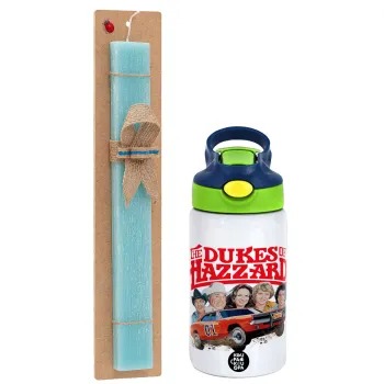 The Dukes of Hazzard, Easter Set, Children's thermal stainless steel bottle with safety straw, green/blue (350ml) & aromatic flat Easter candle (30cm) (TURQUOISE)