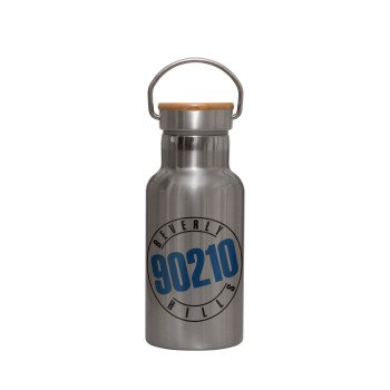 Beverly Hills, 90210, Stainless steel metallic thermos flask, silver with a bamboo lid, double-walled, 350ml.