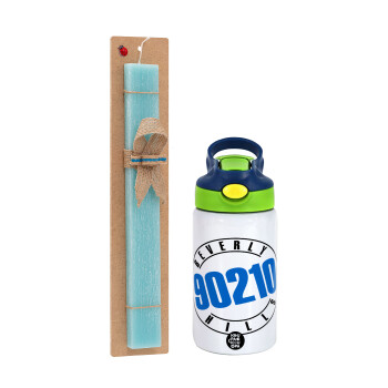 Beverly Hills, 90210, Easter Set, Children's thermal stainless steel bottle with safety straw, green/blue (350ml) & aromatic flat Easter candle (30cm) (TURQUOISE)