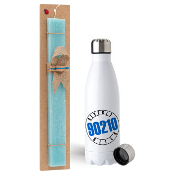 Beverly Hills, 90210, Easter Set, metallic stainless steel water bottle (750ml) & aromatic flat Easter candle (30cm) (TURQUOISE)