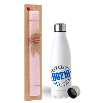 Beverly Hills, 90210, Easter Set, metallic stainless steel water bottle (750ml) & scented flat Easter candle (30cm) (PINK)