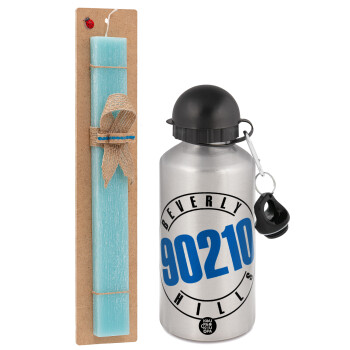 Beverly Hills, 90210, Easter Set, metallic silver aluminum water bottle (500ml) & scented flat Easter candle (30cm) (TURQUOISE)