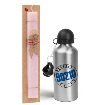 Beverly Hills, 90210, Easter Set, metallic Silver aluminum water bottle (500ml) & scented flat Easter candle (30cm) (PINK)