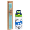 Easter Set, Children's thermal stainless steel bottle with safety straw, green/blue (350ml) & aromatic flat Easter candle (30cm) (TURQUOISE)