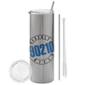 Beverly Hills, 90210, Eco friendly stainless steel Silver tumbler 600ml, with metal straw & cleaning brush