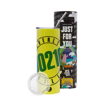 Beverly Hills, 90210, Neon Yellow Travel Tumbler θερμό, μεταλλικό καλαμάκι(Ανωξείδωτο 304 Food grade, BPA free, 600ml)