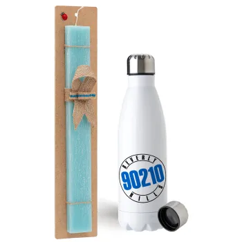 Beverly Hills, 90210, Easter Set, metallic stainless steel water bottle (750ml) & aromatic flat Easter candle (30cm) (TURQUOISE)