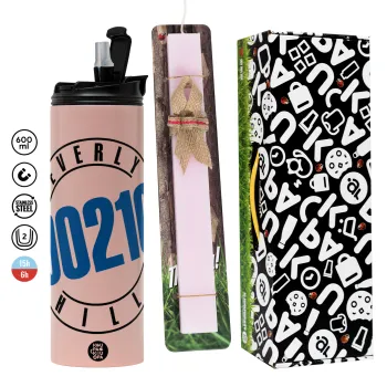 Beverly Hills, 90210, Πασχαλινή Λαμπάδα με  ΡΟΖ Travel Tumbler θερμό (600ml, BPA free) & κερί αρωματικό πλακέ (30cm) (ΡΟΖ)