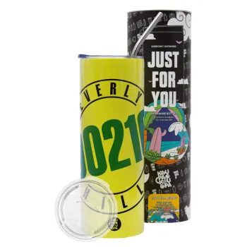 Beverly Hills, 90210, Neon Yellow Travel Tumbler θερμό, μεταλλικό καλαμάκι(Ανωξείδωτο 304 Food grade, BPA free, 600ml)