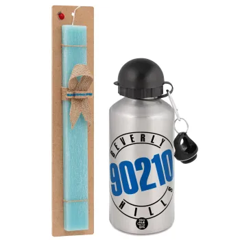 Beverly Hills, 90210, Easter Set, metallic silver aluminum water bottle (500ml) & scented flat Easter candle (30cm) (TURQUOISE)