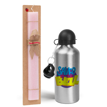 Saved by the Bell, Easter Set, metallic Silver aluminum water bottle (500ml) & scented flat Easter candle (30cm) (PINK)