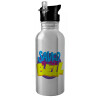Water bottle Silver with straw, stainless steel 600ml