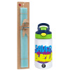 Easter Set, Children's thermal stainless steel bottle with safety straw, green/blue (350ml) & aromatic flat Easter candle (30cm) (TURQUOISE)