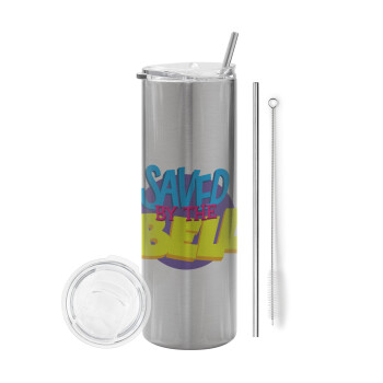 Saved by the Bell, Eco friendly stainless steel Silver tumbler 600ml, with metal straw & cleaning brush