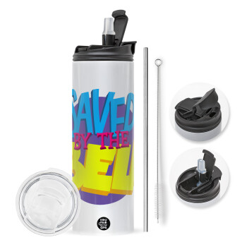 Saved by the Bell, Travel Tumbler 2 Lids, with metal straw & cleaning brush (Stainless steel 304 Food grade, BPA free, 600ml)
