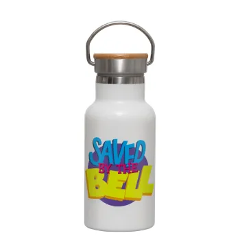 Saved by the Bell, Metallic thermos (Stainless steel) White with wooden lid (bamboo), double-walled, 350ml