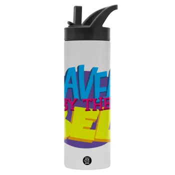 Saved by the Bell, Metallic thermos bottle with straw & handle, stainless steel (Stainless steel 304), double-walled, 600ml.