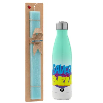 Saved by the Bell, Easter Set, Metallic green/white thermos (Stainless steel), double-walled, 500ml & scented flat Easter candle (30cm) (TURQUOISE)