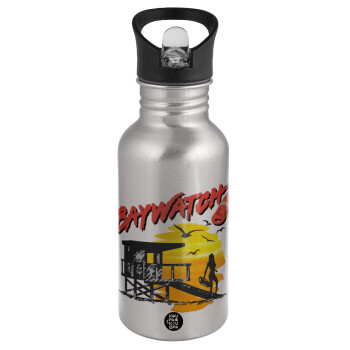 Baywatch, Water bottle Silver with straw, stainless steel 500ml