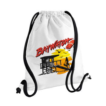 Baywatch, Τσάντα πλάτης πουγκί GYMBAG λευκή, με τσέπη (40x48cm) & χονδρά κορδόνια