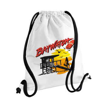 Baywatch, Backpack pouch GYMBAG white, with pocket (40x48cm) & thick cords
