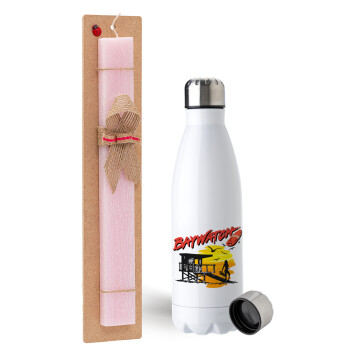 Baywatch, Easter Set, metallic stainless steel water bottle (750ml) & scented flat Easter candle (30cm) (PINK)