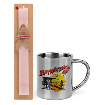 Baywatch, Easter Set, metallic thermal cup (300ml) & aromatic flat Easter candle (30cm) (PINK)