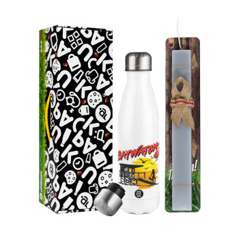 Baywatch, Easter candle, metallic white thermos bottle (500ml) & aromatic flat candle (30cm) (GRAY)