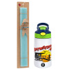 Easter Set, Children's thermal stainless steel bottle with safety straw, green/blue (350ml) & aromatic flat Easter candle (30cm) (TURQUOISE)