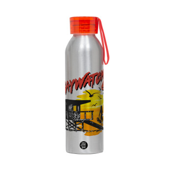 Baywatch, Αλουμινένιο Αθλητικό Μπουκάλι 650ml – Ασημί με Κόκκινο Καπάκι και Λουράκι Σιλικόνης