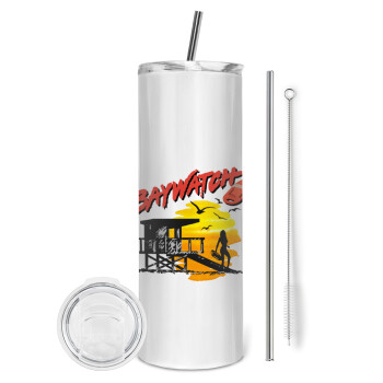 Baywatch, Eco friendly ποτήρι θερμό (tumbler) από ανοξείδωτο ατσάλι 600ml, με μεταλλικό καλαμάκι & βούρτσα καθαρισμού